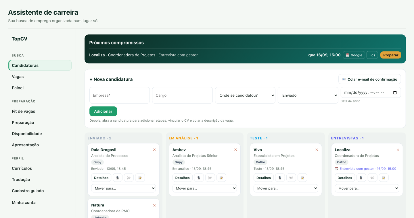 Tela de candidaturas do Assistente: menu lateral, próximos compromissos e as candidaturas organizadas por etapa
