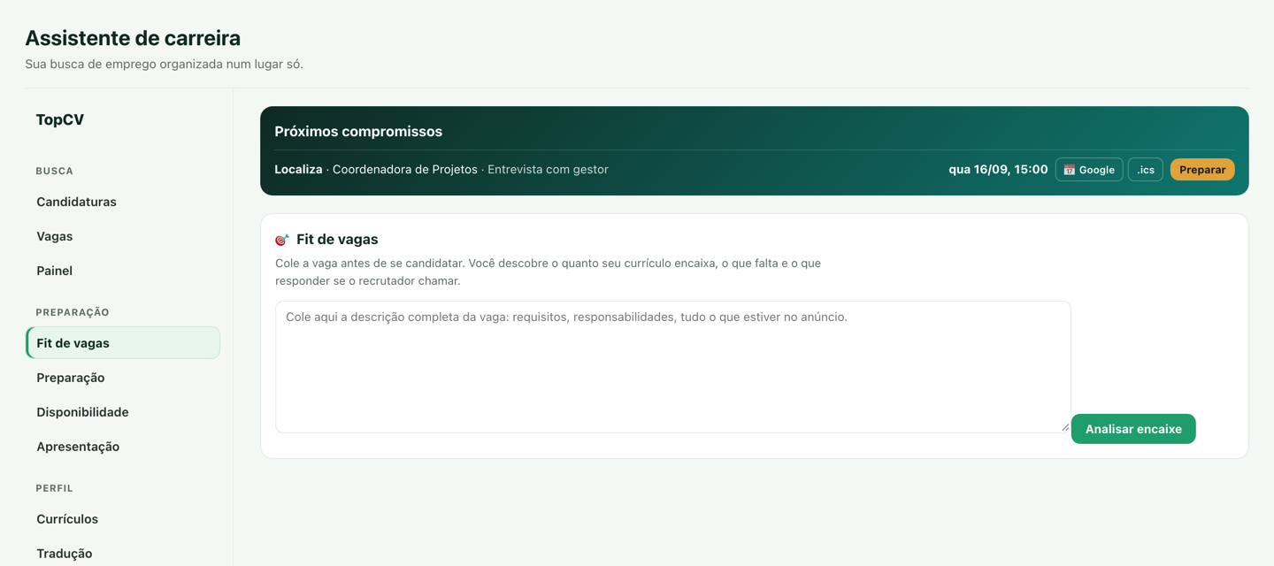 Tela de fit de vagas: nota de compatibilidade entre o currículo e a descrição da vaga